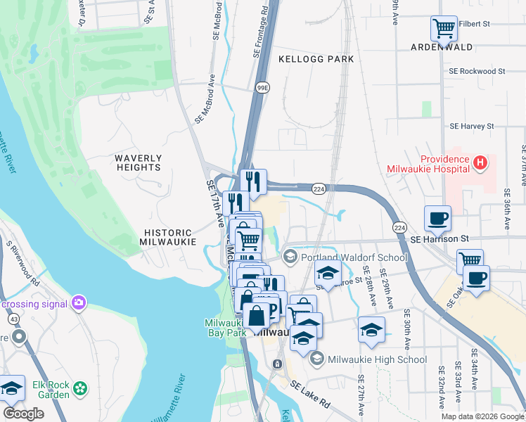 map of restaurants, bars, coffee shops, grocery stores, and more near 10282 Southeast Main Street in Milwaukie