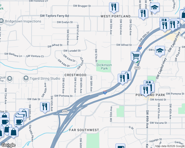map of restaurants, bars, coffee shops, grocery stores, and more near 5720 Southwest Huddleson Street in Portland