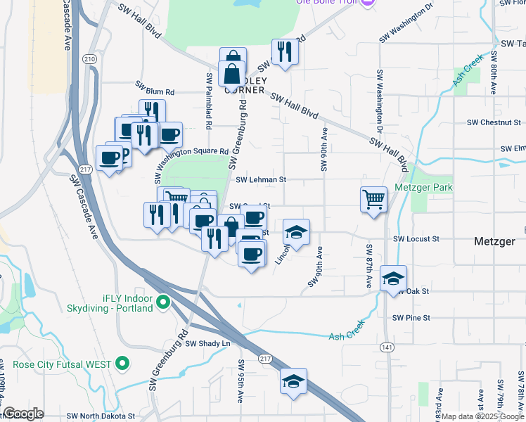 map of restaurants, bars, coffee shops, grocery stores, and more near 9351 Southwest Coral Street in Tigard