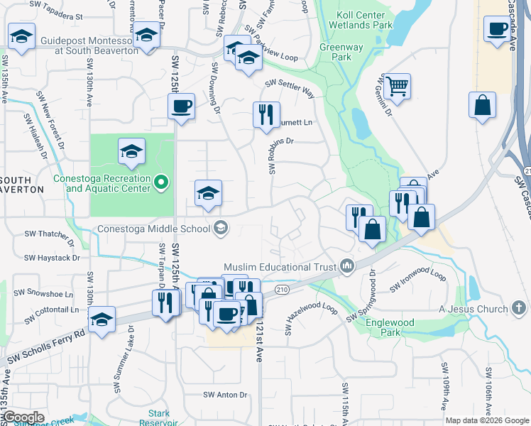 map of restaurants, bars, coffee shops, grocery stores, and more near 12015 Southwest Gault Court in Beaverton