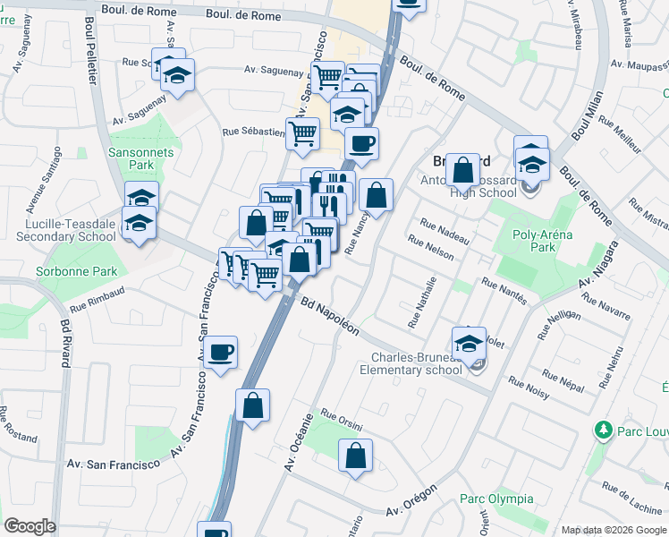 map of restaurants, bars, coffee shops, grocery stores, and more near 8125 Rue Nicolet in Brossard