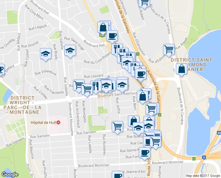 map of restaurants, bars, coffee shops, grocery stores, and more near 140 Rue Richer in Gatineau