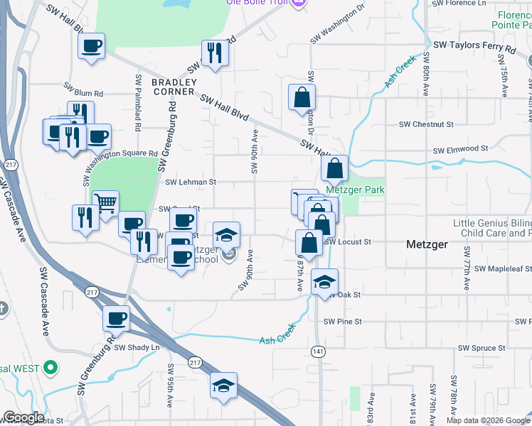 map of restaurants, bars, coffee shops, grocery stores, and more near 9880 Southwest 90th Avenue in Tigard