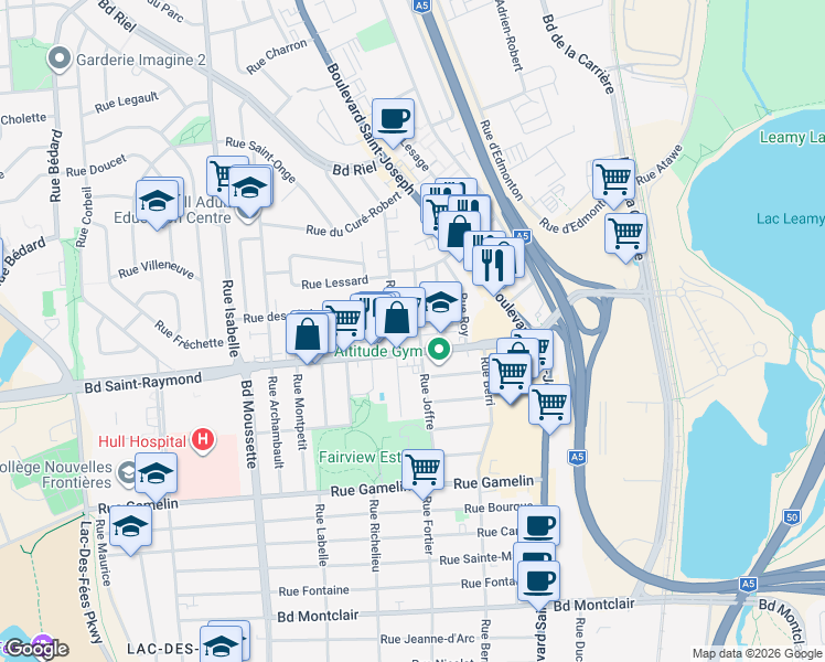 map of restaurants, bars, coffee shops, grocery stores, and more near 141 Rue Joffre in Gatineau