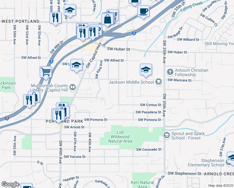 map of restaurants, bars, coffee shops, grocery stores, and more near 10715 Southwest 41st Avenue in Portland