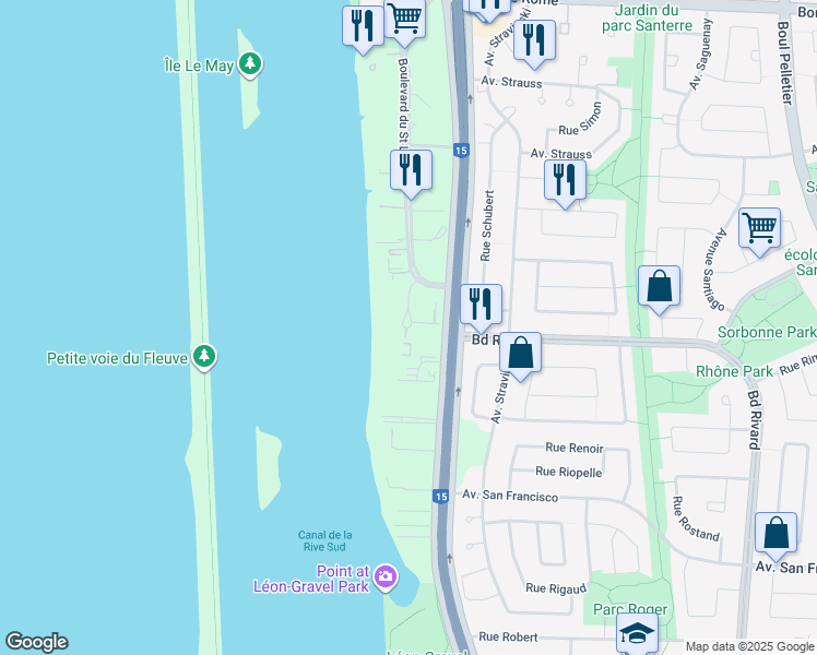 map of restaurants, bars, coffee shops, grocery stores, and more near 8480 Place St Charles in Brossard