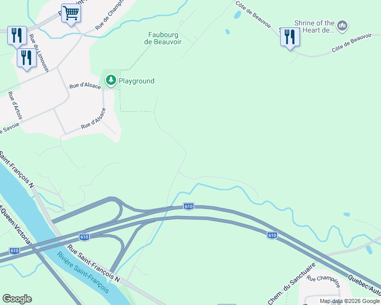 map of restaurants, bars, coffee shops, grocery stores, and more near 1035 Chemin de Valence in Sherbrooke