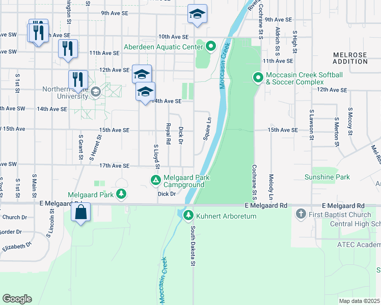 map of restaurants, bars, coffee shops, grocery stores, and more near 1512 South Dakota Street in Aberdeen
