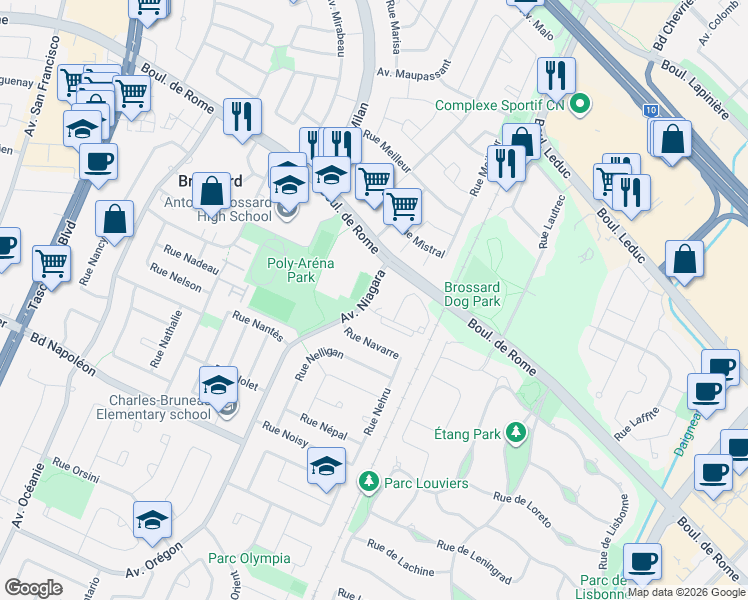 map of restaurants, bars, coffee shops, grocery stores, and more near 7845 Avenue Niagara in Brossard