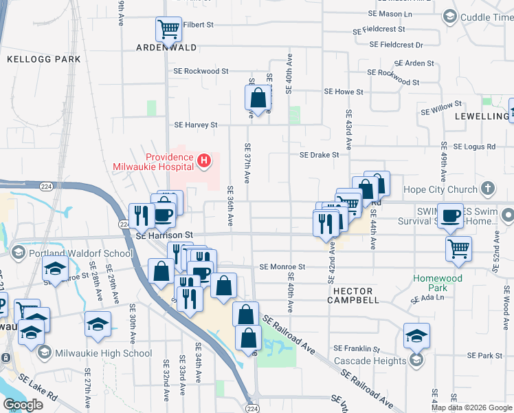 map of restaurants, bars, coffee shops, grocery stores, and more near 10333 Southeast 37th Avenue in Milwaukie