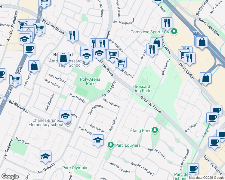 map of restaurants, bars, coffee shops, grocery stores, and more near 7845 Avenue Niagara in Brossard