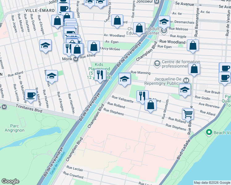 map of restaurants, bars, coffee shops, grocery stores, and more near 6150 Boulevard Champlain in Montréal