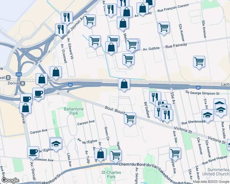map of restaurants, bars, coffee shops, grocery stores, and more near 500 Avenue Mousseau-Vermette in Dorval