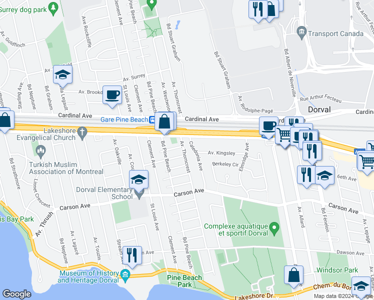 map of restaurants, bars, coffee shops, grocery stores, and more near 415 Avenue Thorncrest in Dorval