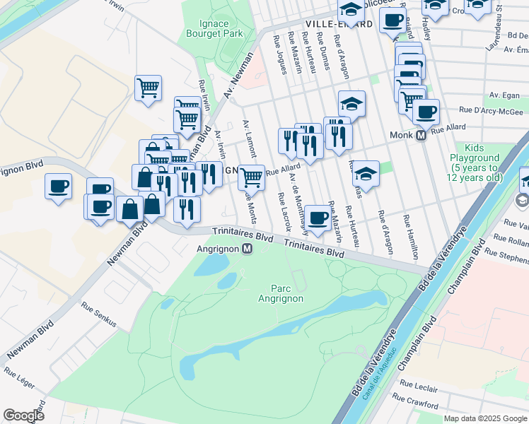 map of restaurants, bars, coffee shops, grocery stores, and more near 6915 Avenue Lamont in Montréal