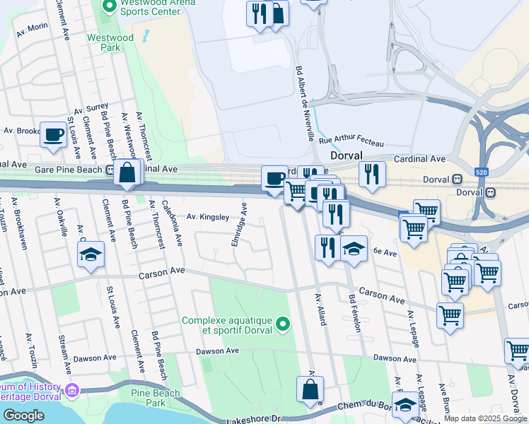 map of restaurants, bars, coffee shops, grocery stores, and more near 349 Parkwood Circle in Dorval