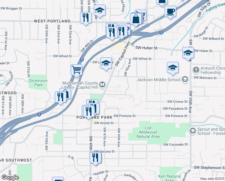 map of restaurants, bars, coffee shops, grocery stores, and more near 10634 Southwest Capitol Highway in Portland