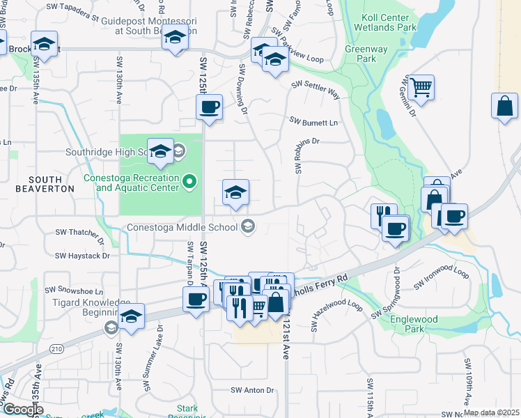 map of restaurants, bars, coffee shops, grocery stores, and more near 12195 Southwest Spur Court in Beaverton