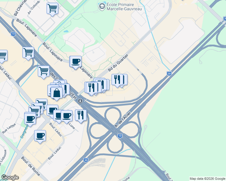 map of restaurants, bars, coffee shops, grocery stores, and more near 505 Rue de l'Escale in Brossard