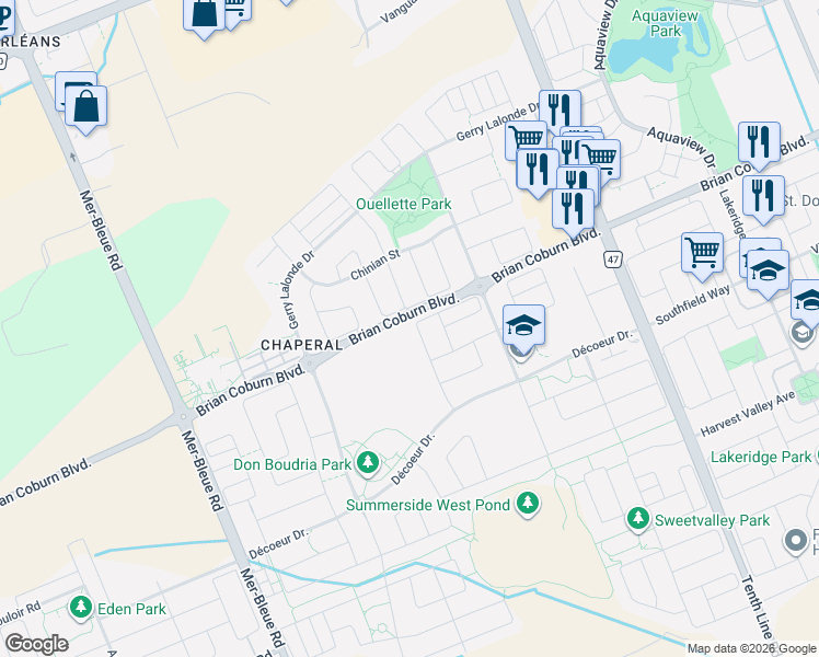 map of restaurants, bars, coffee shops, grocery stores, and more near 279 Mountain Sorrel Way in Ottawa