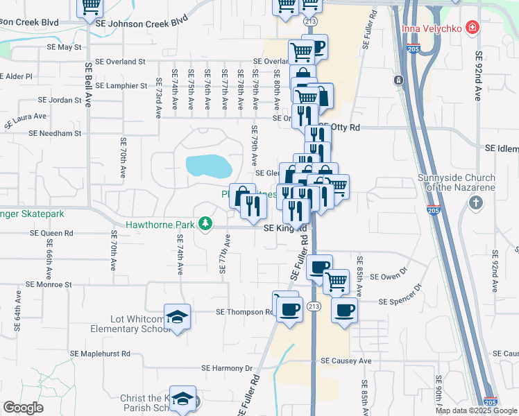map of restaurants, bars, coffee shops, grocery stores, and more near 7911 Southeast King Road in Milwaukie