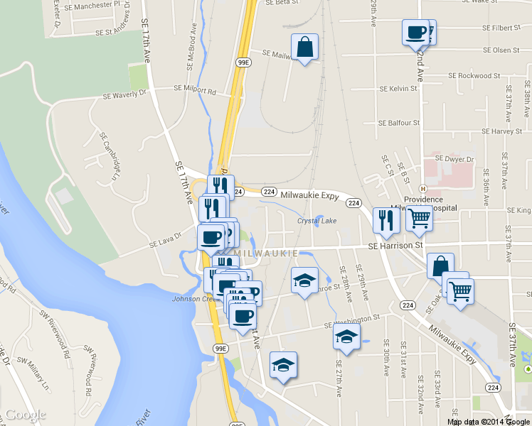 map of restaurants, bars, coffee shops, grocery stores, and more near 10345 SE 23rd Ave in Milwaukie