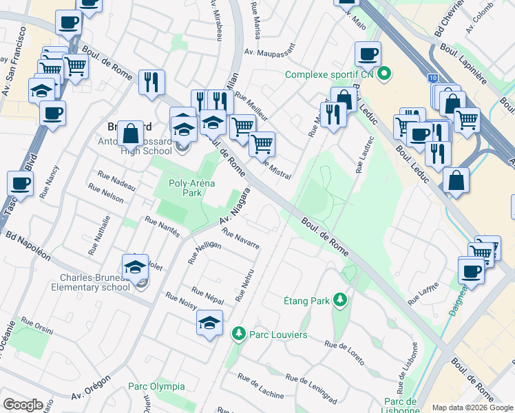 map of restaurants, bars, coffee shops, grocery stores, and more near 3770 Place Nogent in Brossard