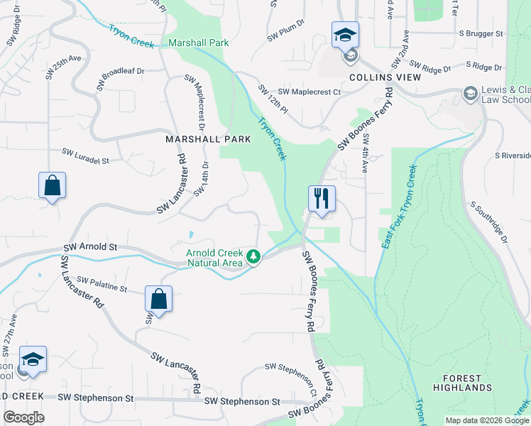 map of restaurants, bars, coffee shops, grocery stores, and more near 10708 Southwest 11th Drive in Portland
