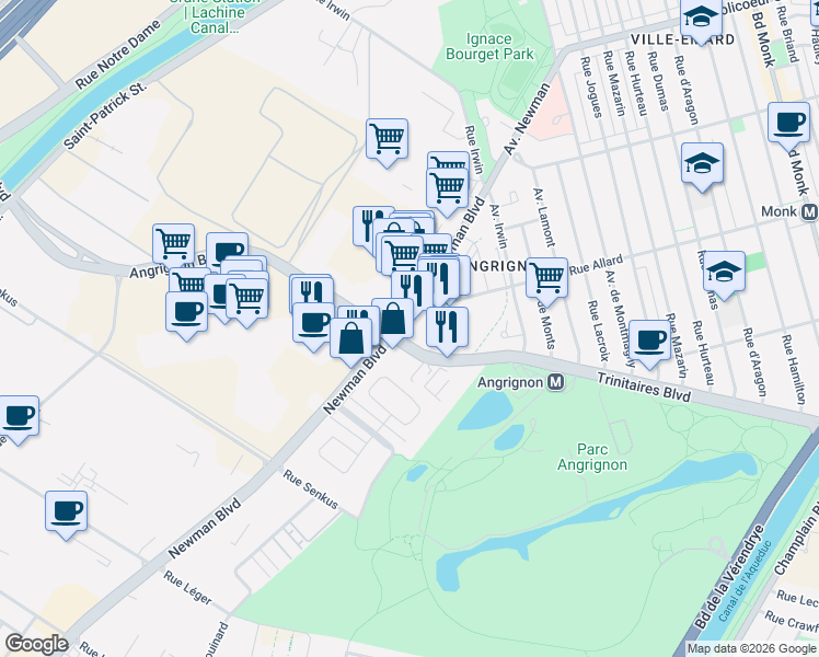 map of restaurants, bars, coffee shops, grocery stores, and more near 7070 Boulevard Newman in Montréal