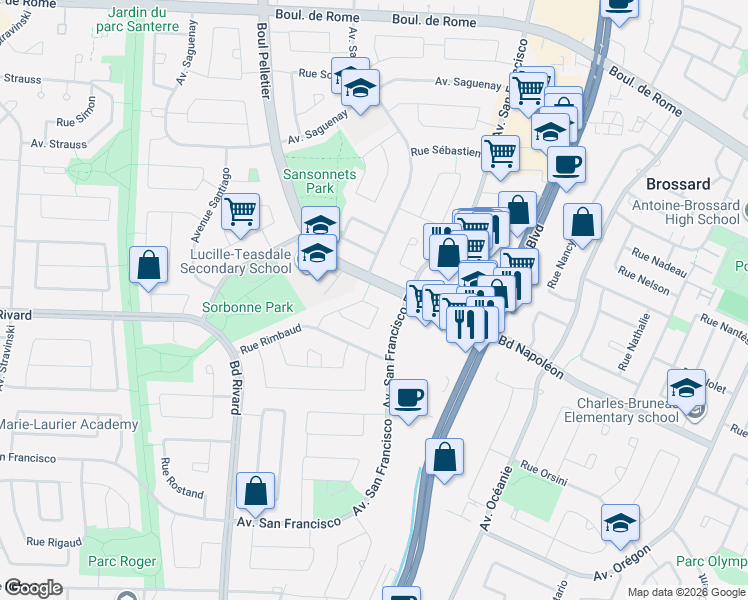 map of restaurants, bars, coffee shops, grocery stores, and more near 1620 Croissant Rousseau in Brossard