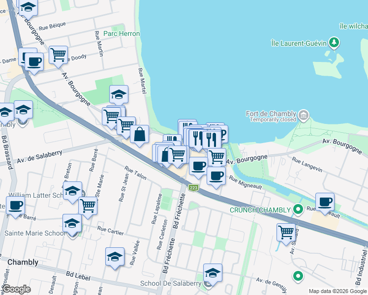 map of restaurants, bars, coffee shops, grocery stores, and more near 1634 Avenue Bourgogne in Chambly