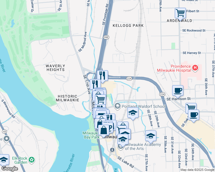 map of restaurants, bars, coffee shops, grocery stores, and more near 10345 Southeast 23rd Avenue in Milwaukie