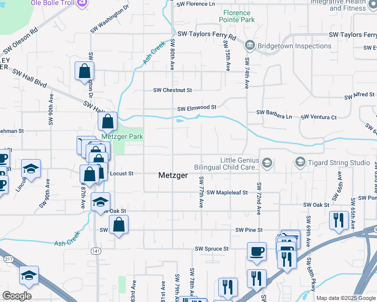 map of restaurants, bars, coffee shops, grocery stores, and more near 7805 Southwest Landau Street in Portland