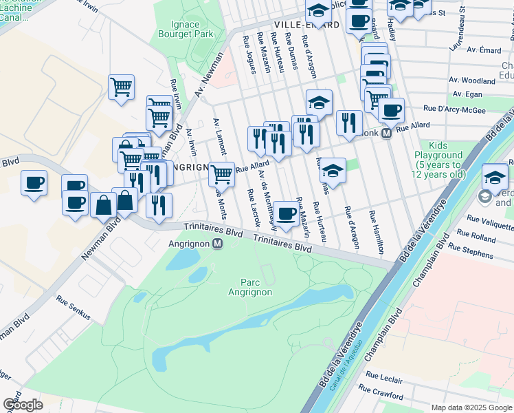map of restaurants, bars, coffee shops, grocery stores, and more near 6948 Rue Lacroix in Montreal