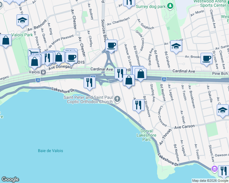 map of restaurants, bars, coffee shops, grocery stores, and more near 19 Avenue de l'Église in Pointe-Claire