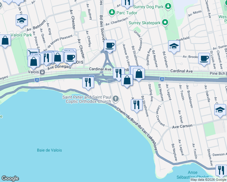 map of restaurants, bars, coffee shops, grocery stores, and more near 19 Avenue de l'Église in Pointe-Claire
