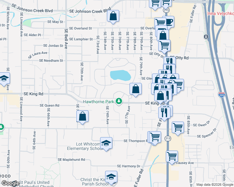map of restaurants, bars, coffee shops, grocery stores, and more near 7455 Southeast King Road in Milwaukie