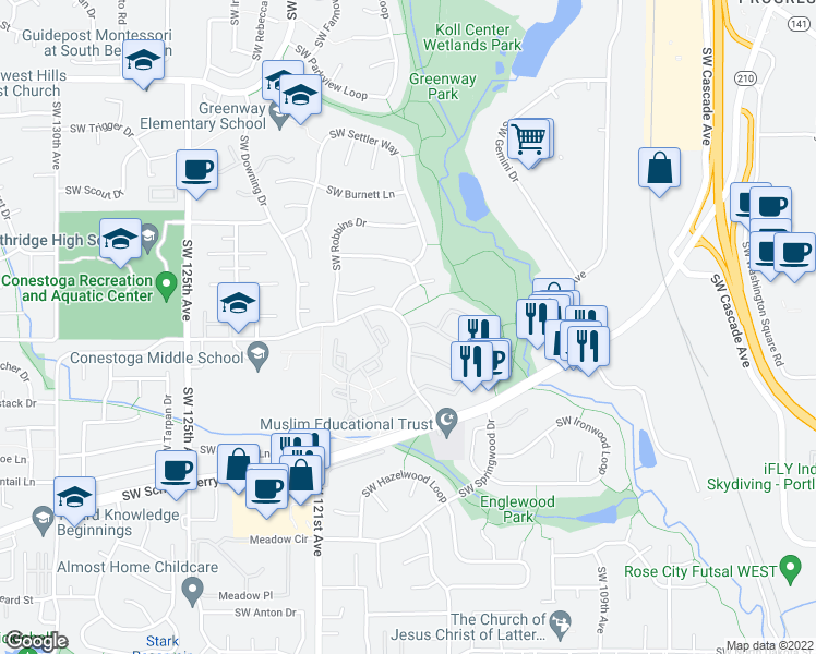 map of restaurants, bars, coffee shops, grocery stores, and more near 9906 SW Conestoga Dr in Beaverton