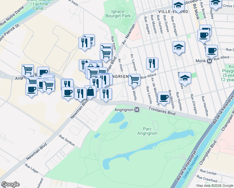 map of restaurants, bars, coffee shops, grocery stores, and more near 7000 Rue Allard in Montréal