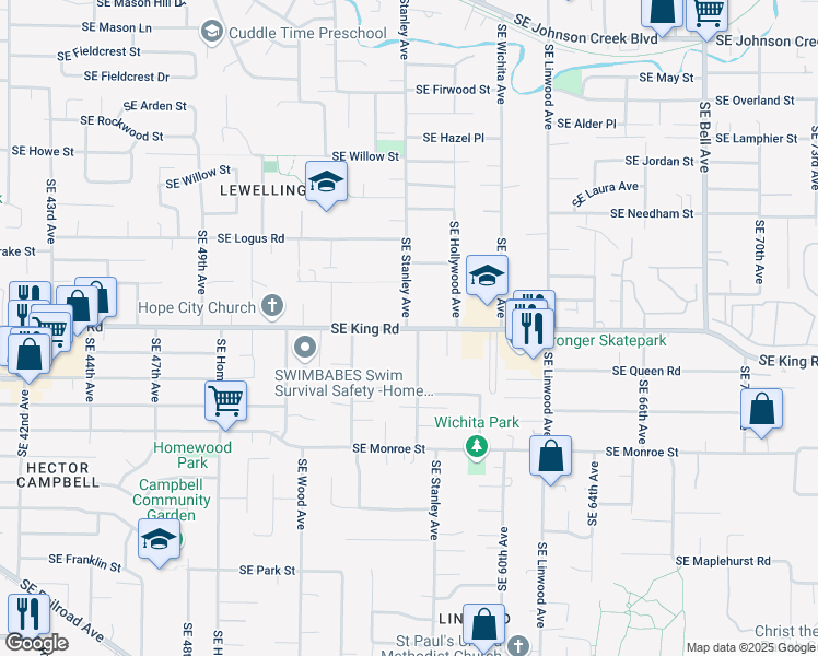 map of restaurants, bars, coffee shops, grocery stores, and more near 5745 Southeast King Road in Milwaukie