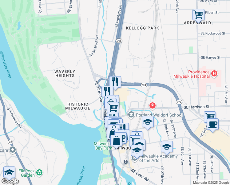 map of restaurants, bars, coffee shops, grocery stores, and more near 10282 Southeast Main Street in Milwaukie