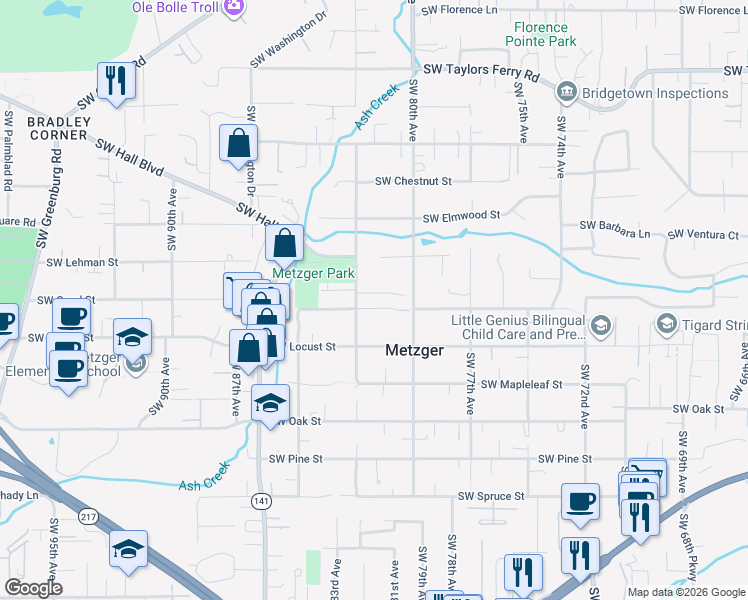map of restaurants, bars, coffee shops, grocery stores, and more near 8080 Southwest Larch Street in Tigard