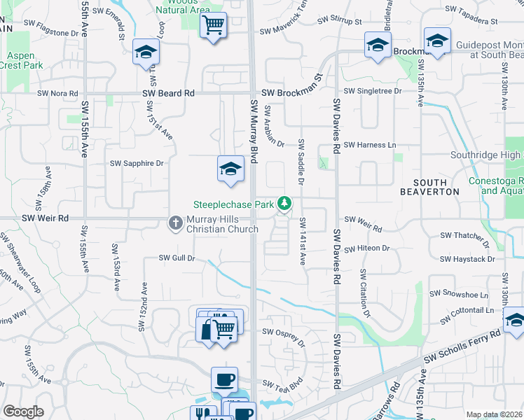 map of restaurants, bars, coffee shops, grocery stores, and more near 9950 Southwest Old Weir Road in Beaverton