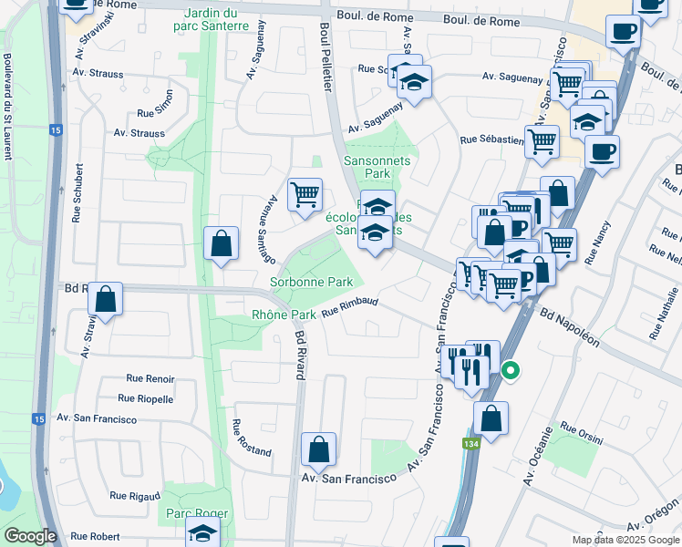 map of restaurants, bars, coffee shops, grocery stores, and more near 8502 Avenue Sorbonne in Brossard
