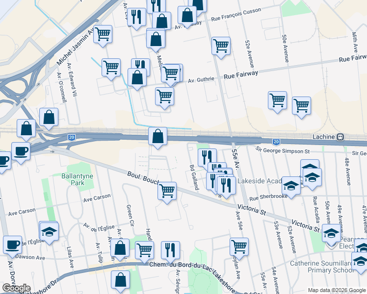 map of restaurants, bars, coffee shops, grocery stores, and more near 490 Boulevard Galland in Dorval