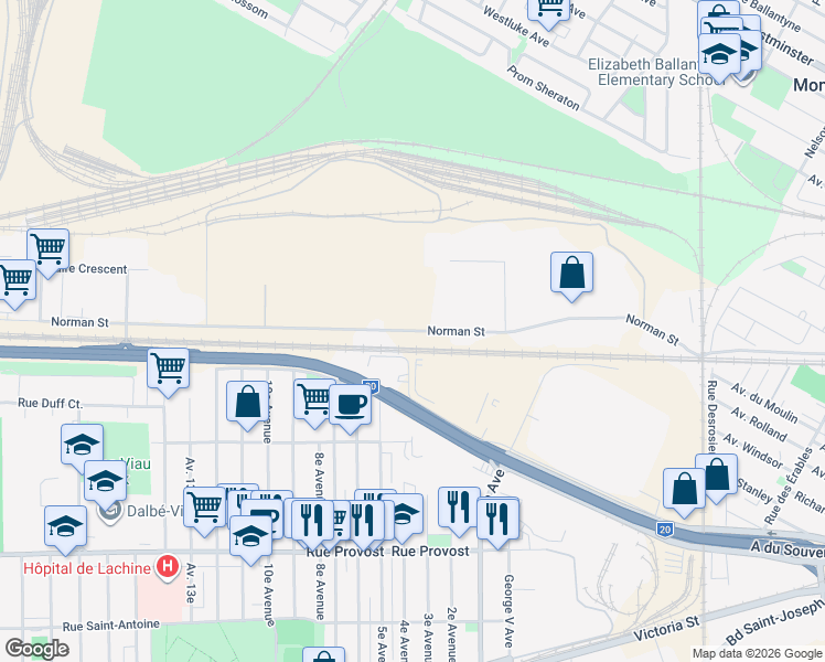 map of restaurants, bars, coffee shops, grocery stores, and more near Rue Norman in Montréal