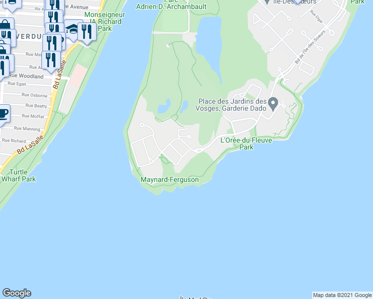 map of restaurants, bars, coffee shops, grocery stores, and more near 310 Chemin de la Pointe-Sud in Montréal