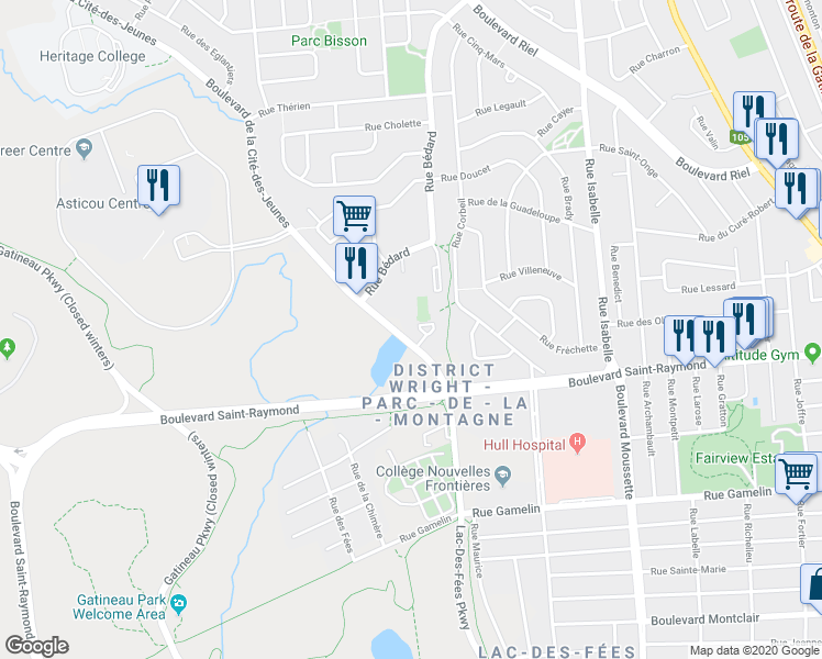 map of restaurants, bars, coffee shops, grocery stores, and more near 164 Boulevard de la Cité-des-Jeunes in Gatineau