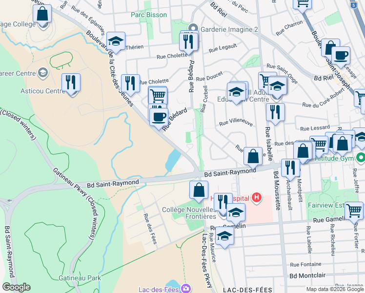 map of restaurants, bars, coffee shops, grocery stores, and more near 164 Boulevard de la Cité-des-Jeunes in Gatineau