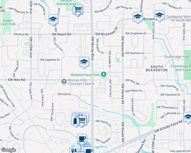 map of restaurants, bars, coffee shops, grocery stores, and more near 9950 Southwest Old Weir Road in Beaverton
